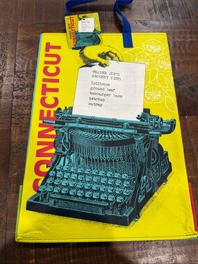 Trader Joe's Connecticut Yellow & Teal Typewriter Grocery Tote